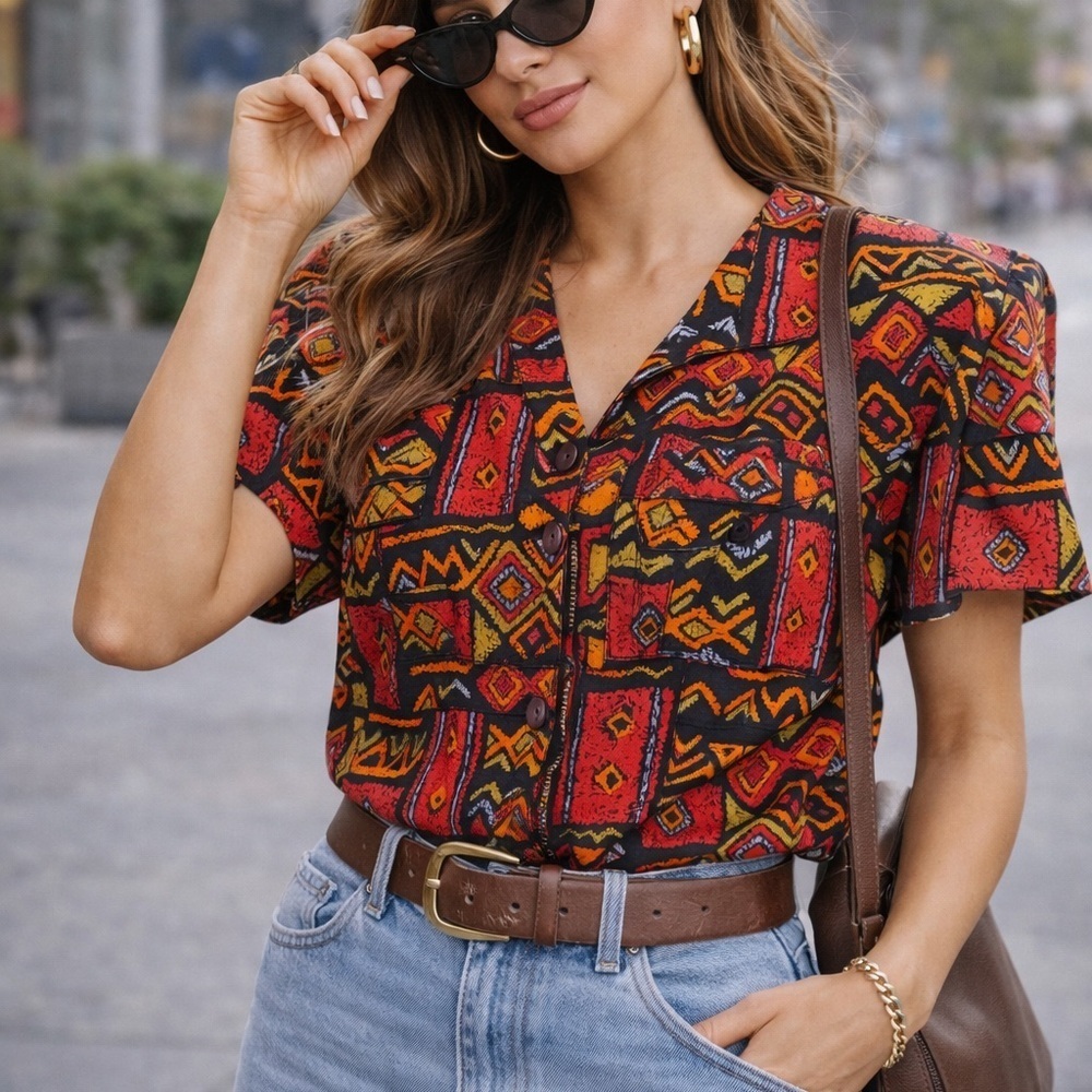 Vintage CLIO Women’s Retro Abstract Print Blouse Shoulder Pads Button Front